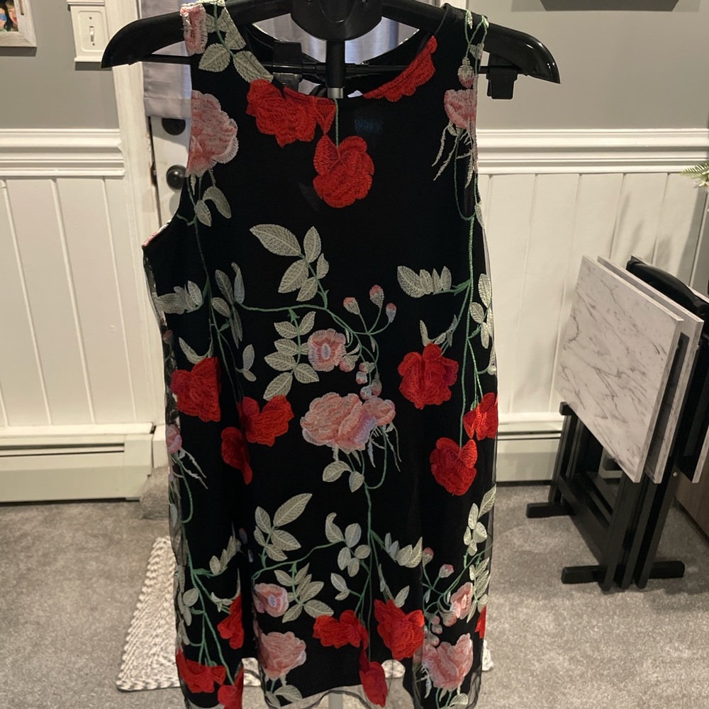 ECI Black Mini Dress with Red and Pink Floral Design